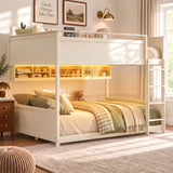 Full over Full Wood Bunk Bed with Smart RGB LED & USB Ports, Storage Shelves, Pegboard & Guardrail Bookshelf for Teens, Adults