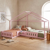 Twin Size L-Shaped House Bed with Safety Guardrails, Wood Floor Bed Frame for Kids/Teens/Adults