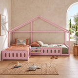 Twin Size L-Shaped House Bed with Safety Guardrails, Wood Floor Bed Frame for Kids/Teens/Adults