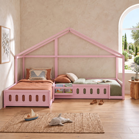 Twin Size L-Shaped House Bed with Safety Guardrails, Wood Floor Bed Frame for Kids/Teens/Adults