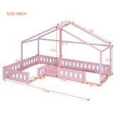 Twin Size L-Shaped House Bed with Safety Guardrails, Wood Floor Bed Frame for Kids/Teens/Adults