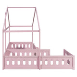 Twin Size L-Shaped House Bed with Safety Guardrails, Wood Floor Bed Frame for Kids/Teens/Adults