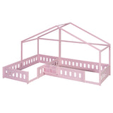 Twin Size L-Shaped House Bed with Safety Guardrails, Wood Floor Bed Frame for Kids/Teens/Adults