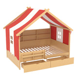 Full Size Playhouse Bed Whimsical Kids Platform Bed Daybed with Tent Canopy,Bookshelf Headboard,Storage Drawers&Safety Guardrail, Natural