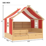 Full Size Playhouse Bed Whimsical Kids Platform Bed Daybed with Tent Canopy,Bookshelf Headboard,Storage Drawers&Safety Guardrail, Natural