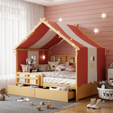 Full Size Playhouse Bed Whimsical Kids Platform Bed Daybed with Tent Canopy,Bookshelf Headboard,Storage Drawers&Safety Guardrail, Natural