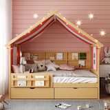 Full Size Playhouse Bed Whimsical Kids Platform Bed Daybed with Tent Canopy,Bookshelf Headboard,Storage Drawers&Safety Guardrail, Natural