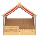 Full Size Playhouse Bed Whimsical Kids Platform Bed Daybed with Tent Canopy,Bookshelf Headboard,Storage Drawers&Safety Guardrail, Natural