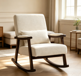 Ergonomic Rocking Chair Mid Century Modern Accent Chair Upholstered Reading Armchair with Soft Waist Cushion & Solid Wood Frame, White
