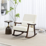 Ergonomic Rocking Chair Mid Century Modern Accent Chair Upholstered Reading Armchair with Soft Waist Cushion & Solid Wood Frame, White