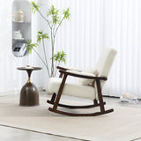 Ergonomic Rocking Chair Mid Century Modern Accent Chair Upholstered Reading Armchair with Soft Waist Cushion & Solid Wood Frame, White