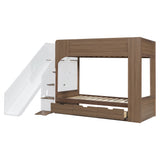 Twin Size Bunk Bed Playhouse Bed with Slide, Storage Stairs, Shelves & 3 Drawers for Kids&Teens, White+Walnut