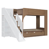 Twin Size Bunk Bed Playhouse Bed with Slide, Storage Stairs, Shelves & 3 Drawers for Kids&Teens, White+Walnut