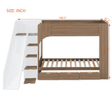 Twin Size Bunk Bed Playhouse Bed with Slide, Storage Stairs, Shelves & 3 Drawers for Kids&Teens, White+Walnut