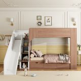 Twin Size Bunk Bed Playhouse Bed with Slide, Storage Stairs, Shelves & 3 Drawers for Kids&Teens, White+Walnut