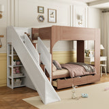 Twin Size Bunk Bed Playhouse Bed with Slide, Storage Stairs, Shelves & 3 Drawers for Kids&Teens, White+Walnut