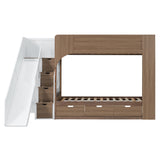 Twin Size Bunk Bed Playhouse Bed with Slide, Storage Stairs, Shelves & 3 Drawers for Kids&Teens, White+Walnut