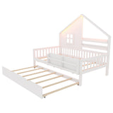 Twin Size House Bed Kids Platform Bed Frame Daybed with Trundle, Light, Bookshelves & Safety Guardrails for Boys Girls, White