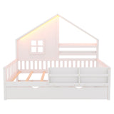 Twin Size House Bed Kids Platform Bed Frame Daybed with Trundle, Light, Bookshelves & Safety Guardrails for Boys Girls, White