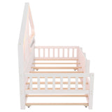 Twin Size House Bed Kids Platform Bed Frame Daybed with Trundle, Light, Bookshelves & Safety Guardrails for Boys Girls, White