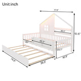 Twin Size House Bed Kids Platform Bed Frame Daybed with Trundle, Light, Bookshelves & Safety Guardrails for Boys Girls, White