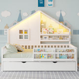 Twin Size House Bed Kids Platform Bed Frame Daybed with Trundle, Light, Bookshelves & Safety Guardrails for Boys Girls, White