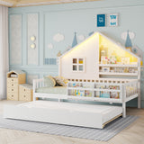 Twin Size House Bed Kids Platform Bed Frame Daybed with Trundle, Light, Bookshelves & Safety Guardrails for Boys Girls, White