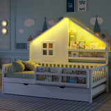 Twin Size House Bed Kids Platform Bed Frame Daybed with Trundle, Light, Bookshelves & Safety Guardrails for Boys Girls, White