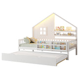 Twin Size House Bed Kids Platform Bed Frame Daybed with Trundle, Light, Bookshelves & Safety Guardrails for Boys Girls, White
