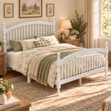 Queen Size Platform Bed Frame with Windsor Spindle Headboard and Footboard, Heavy Duty Wooden Slat Support, Milky White
