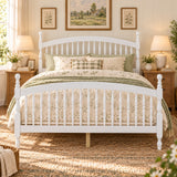 Queen Size Platform Bed Frame with Windsor Spindle Headboard and Footboard, Heavy Duty Wooden Slat Support, Milky White