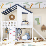 Twin Size Playhouse Loft Bed Kids Bunk Bed with Movable Slide, Rock Climbing&Ladder for Boys Girls, Various Placement Methods, White+Blue
