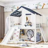 Twin Size Playhouse Loft Bed Kids Bunk Bed with Movable Slide, Rock Climbing&Ladder for Boys Girls, Various Placement Methods, White+Blue