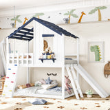 Twin Size Playhouse Loft Bed Kids Bunk Bed with Movable Slide, Rock Climbing&Ladder for Boys Girls, Various Placement Methods, White+Blue