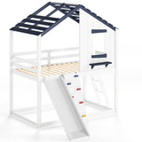 Twin Size Playhouse Loft Bed Kids Bunk Bed with Movable Slide, Rock Climbing&Ladder for Boys Girls, Various Placement Methods, White+Blue