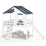 Twin Size Playhouse Loft Bed Kids Bunk Bed with Movable Slide, Rock Climbing&Ladder for Boys Girls, Various Placement Methods, White+Blue