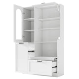 Tall Freestanding Kitchen Pantry Cabinet with Arched Glass Door, Flip-Up Cabinet Door, Pull-Out Shelves & Drawer, Adjustable Shelves