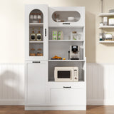 Tall Freestanding Kitchen Pantry Cabinet with Arched Glass Door, Flip-Up Cabinet Door, Pull-Out Shelves & Drawer, Adjustable Shelves