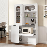 Tall Freestanding Kitchen Pantry Cabinet with Arched Glass Door, Flip-Up Cabinet Door, Pull-Out Shelves & Drawer, Adjustable Shelves
