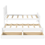 Twin Size Platform Bed Frame with Trundle and 2 Rolling Storage Drawers, White
