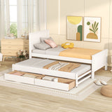 Twin Size Platform Bed Frame with Trundle and 2 Rolling Storage Drawers, White