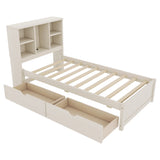Twin Size Platform Bed Frame with USB Port, Bookcase Storage Headboard & 2 Drawers, Cream White