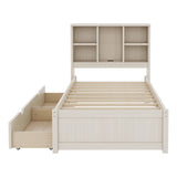 Twin Size Platform Bed Frame with USB Port, Bookcase Storage Headboard & 2 Drawers, Cream White