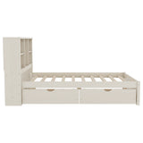 Twin Size Platform Bed Frame with USB Port, Bookcase Storage Headboard & 2 Drawers, Cream White