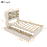 Twin Size Platform Bed Frame with USB Port, Bookcase Storage Headboard & 2 Drawers, Cream White