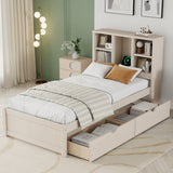 Twin Size Platform Bed Frame with USB Port, Bookcase Storage Headboard & 2 Drawers, Cream White