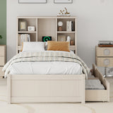 Twin Size Platform Bed Frame with USB Port, Bookcase Storage Headboard & 2 Drawers, Cream White