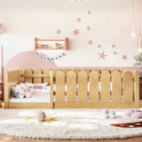Twin Size Kid Platform Bed Frame Toddler Bed Baby Wooden Playpen Montessori Floor Bed with Safe Rounded Guardrail, Natural