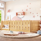 Twin Size Kid Platform Bed Frame Toddler Bed Baby Wooden Playpen Montessori Floor Bed with Safe Rounded Guardrail, Natural
