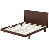 Mid-Century Modern Queen Size Wood Platform Bed with Statement Headboard & Angled Tapered Legs for Bedroom, No Box Spring Needed
